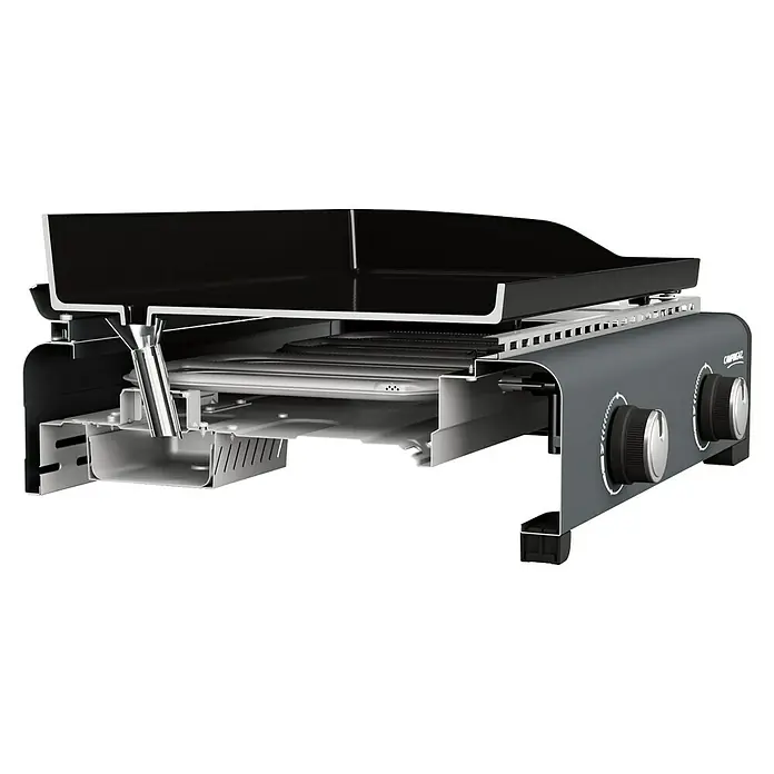 Campingaz Barbacoa de gas Othello - Superficie de la parrilla (An x Pr): 58 x 36 cm, 6 kW, Número de quemadores: 2 - Vista detallada de una estufa de camping con plancha extraíble, que muestra la construcción interna y la funcionalidad.