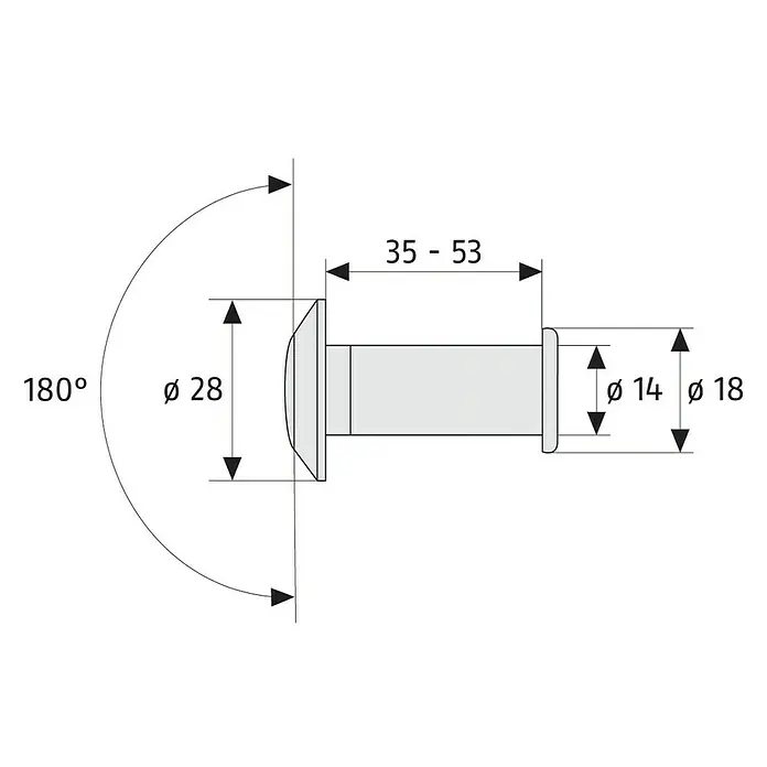 Abus Türspion 2300 - Messing, Stärke Tür: 35 mm - 53 mm - Technische Zeichnung einer Schraube mit verschiedenen Durchmessern und Längenangaben.