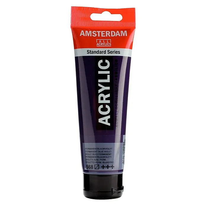 Talens Amsterdam Pintura acrílica Standard - Violeta azul permanente, 120 ml, Tubo - Primer plano de un tubo de pintura acrílica Amsterdam Standard Series en Azul Violeta Permanente, ideal para artistas.