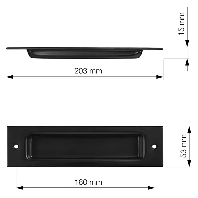 Walteco Griff Schiebetür Versen - L x B x H: 203 x 53 x 15 mm, Schwarz matt - Schwarzer rechteckiger Einlassgriff zur bündigen Montage.