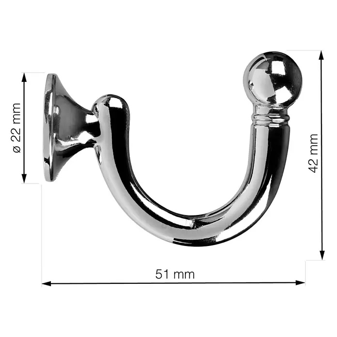 Walteco Garderobenhaken Hubert - L x B x H: 42 x 22 x 51 mm, Anzahl Haken: 1 Stk., Verchromt - Chromglänzender U-förmiger Haken mit Kugelende, 51x42mm, ideal als Gardinenhaken.