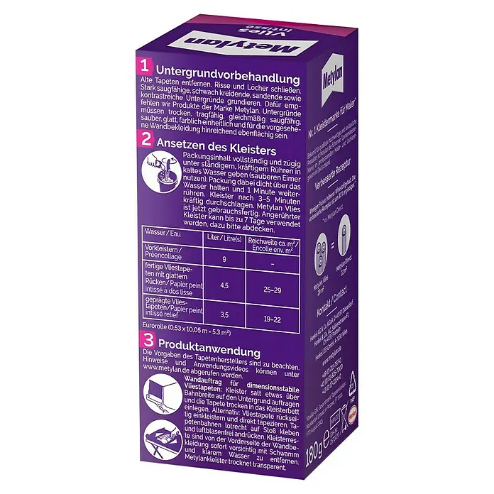 Metylan Tapetenkleister Vlieskleister - 180 g - Metylan Vlies Kleister Packung: Anleitung zur Untergrundvorbehandlung, Kleisteranwendung und Produktanwendung für dimensionsstabile Vliestapeten.