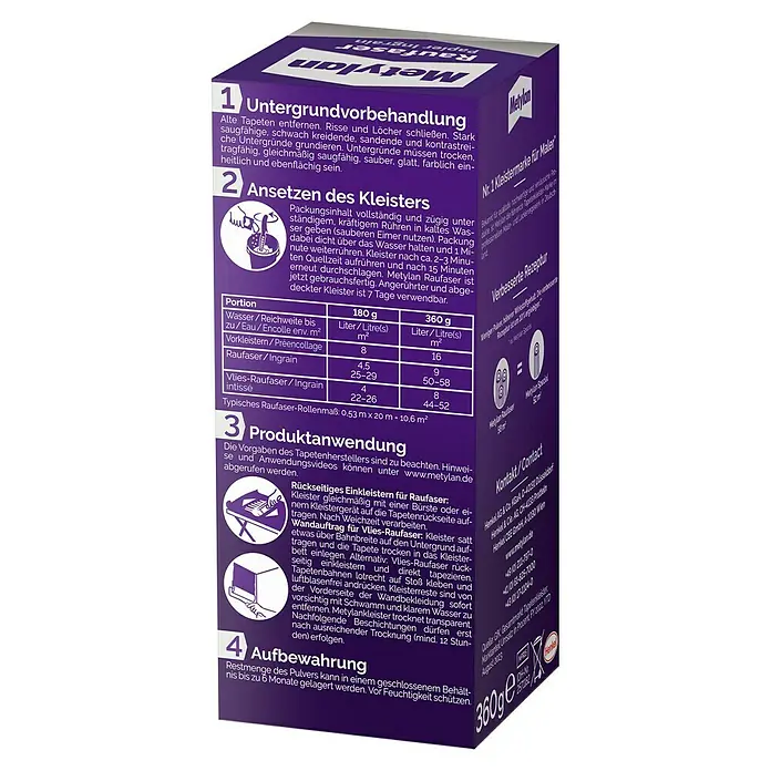 Metylan Tapetenkleister Raufaser - 360 g - Metylan Raufaser Kleister Verpackung. Der Kleister ist ideal zum Anbringen von Raufasertapeten und sorgt für einen starken Halt.