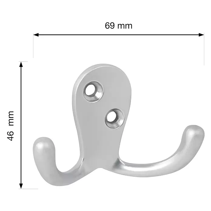 Walteco Garderobenhaken Bonax - L x B x H: 46 x 69 x 26 mm, Anzahl Haken: 2 Stk., Verchromt matt - Silberner Doppelhaken mit zwei Befestigungslöchern.