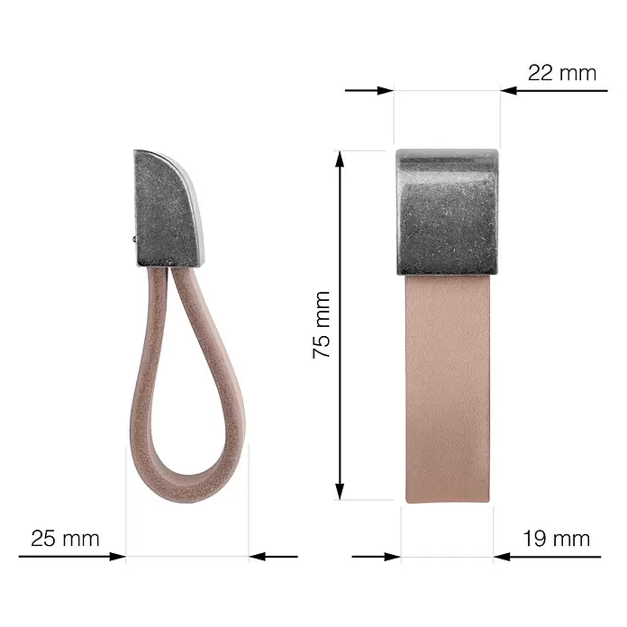 Walteco Möbelknopf Nibe - B x H: 22 x 75 mm, Leder, Leder-Optik - Schlaufe als Griff mit alterungsgeprägter Metallhalterung und hellbraunem Lederband, mit Maßen dargestellt.