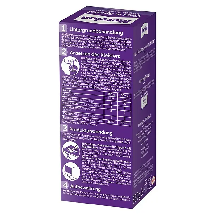 Metylan Tapetenkleister Vinyl & Spezial - 360 g - MetyLan Vinyl & Spezial Tapetenkleister. Anleitung zur Untergrundbehandlung, Kleisterherstellung, Verarbeitung und Aufbewahrung.