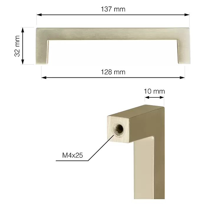 Walteco Möbelgriff Prisma - Lochabstand: 128 mm, Aluminium, Messing gebürstet - Gebürsteter Metall-Bügelgriff in Champagnerfarbe mit Schraubbefestigung. Abmessungen und M4x25 Schraubentyp sind angegeben.