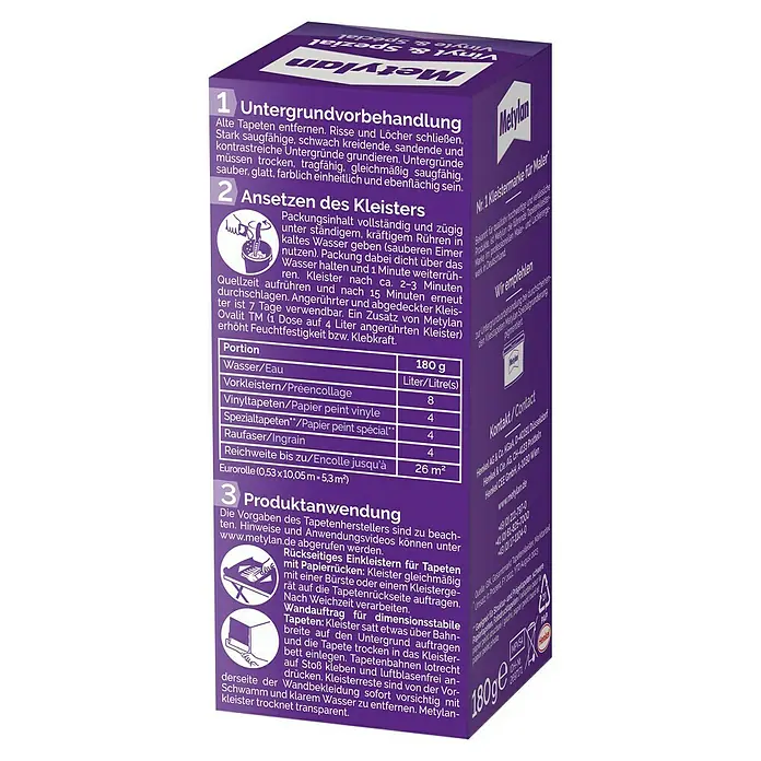 Metylan Tapetenkleister Vinyl & Spezial - 180 g - Metyan Tapetenkleister-Packung für verschiedene Tapetenarten, inklusive Vinyl- und Spezialtapeten. Geeignet für bis zu 26 m² Fläche.