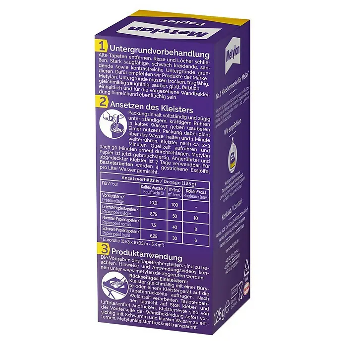 Metylan Tapetenkleister Papierkleister - 125 g - Metylan Tapetenkleister-Anleitung: Untergrundvorbereitung, Kleister ansetzen, Produktanwendung und Dosierungsanleitung.