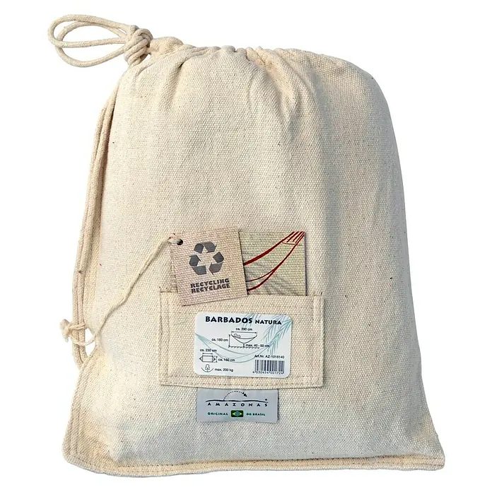 Amazonas Hängematte Barbados - L x B: 230 x 150 cm, Textil, Beige - Eine Stofftasche von Amazonas mit Aufdrucken zu Recycling, Modell und Größenangaben. Ideal zur Aufbewahrung und zum Transport von Hängematten.