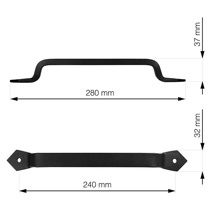 Walteco Griff Schiebetür - L x B x H: 280 x 32 x 37 mm, Typ Möbelgriff: Bügel, Sonstige, Lochabstand: 240 mm - Zwei schwarze Metallgriffe mit Maßangaben. Einer ist U-förmig, der andere flach mit spitzen Enden.