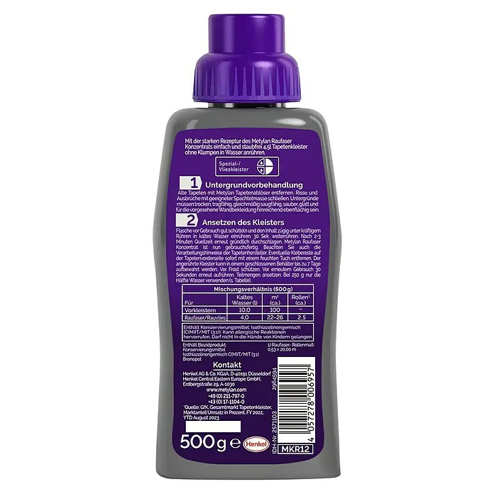 Metylan Tapetenkleister Flüssigkleisterkonzentrat Raufaser - 500 g - Nahaufnahme einer Flasche Metylan Raufaser Kleister, ideal für müheloses Anrühren von Tapetenkleister ohne Klumpen.