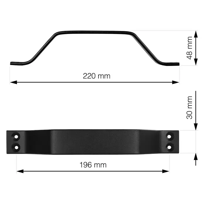 Walteco Griff Schiebetür - L x B x H: 220 x 30 x 48 mm, Typ Möbelgriff: Bügel, Sonstige, Lochabstand: 196 mm - Schwarzer gebogener Griff mit flachen Befestigungsenden und Schraublöchern.