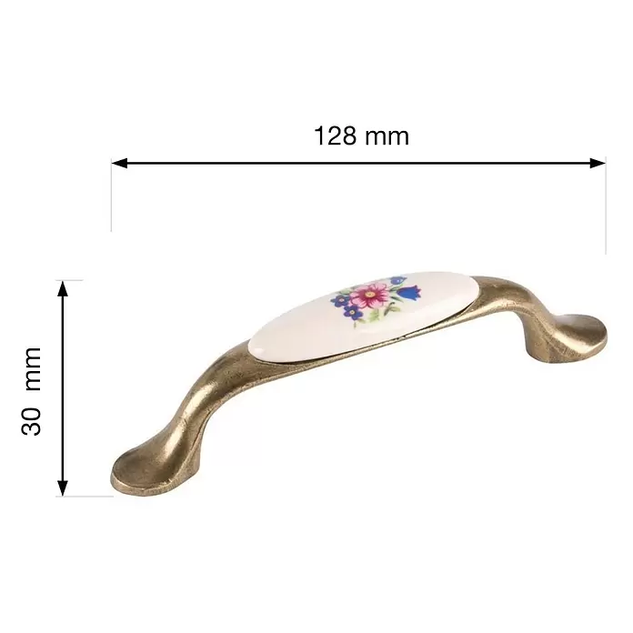 Walteco Möbelgriff - Lochabstand: 96 mm, Porzellan, Brüniert - Antiker Messing Möbelgriff mit weißer Keramikblume, 128 mm lang, 30 mm hoch.