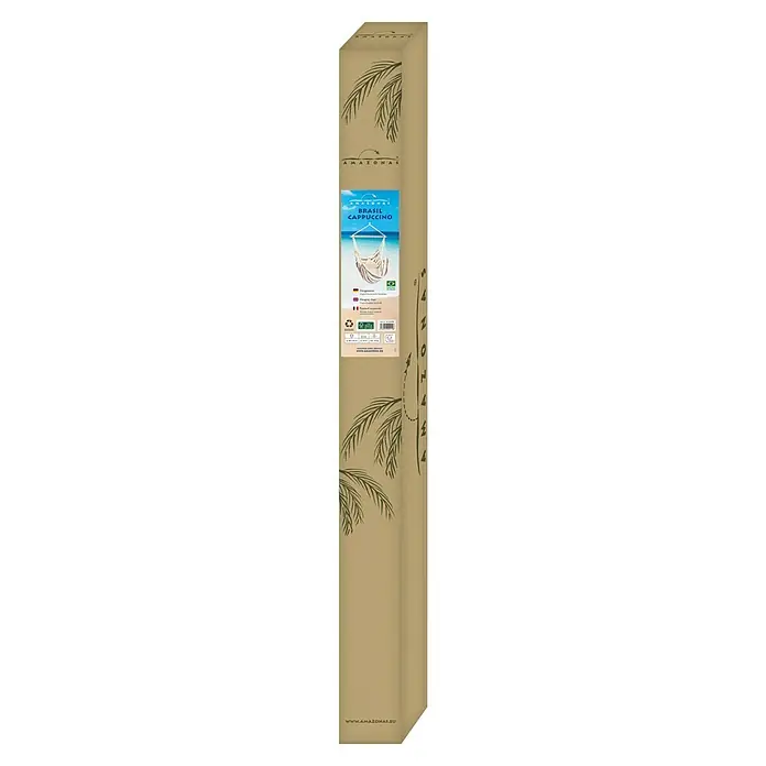 Amazonas Stabhängematte Brasil Natura - L x B: 160 x 130 cm, Textil, Beige - Kartonverpackung für eine AMAZONAS Brasil Cappuccino Hängematte mit Palmenmuster und Produktinformationen.