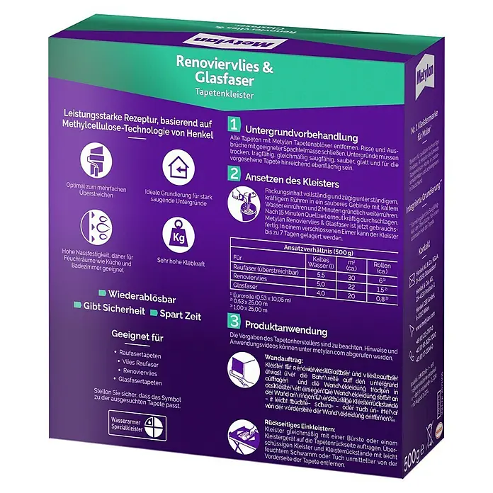 Metylan Tapetenkleister Renoviervlies & Glasfaser - 500 g - Produktbild von Metylan Renoviervlies & Glasfaser Tapetenkleister, ideal für Renovierungsarbeiten und Glasfasertapeten.