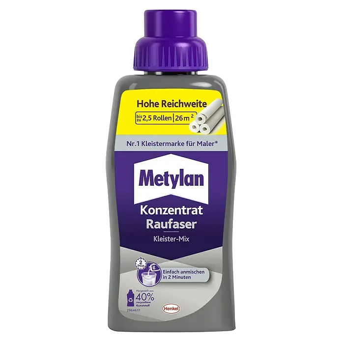 Metylan Tapetenkleister Flüssigkleisterkonzentrat Raufaser - 500 g - Produktfoto von Metylan Raufaser Kleister-Mix Konzentrat in einer grauen Flasche mit lila Verschluss, beworben für hohe Reichweite.