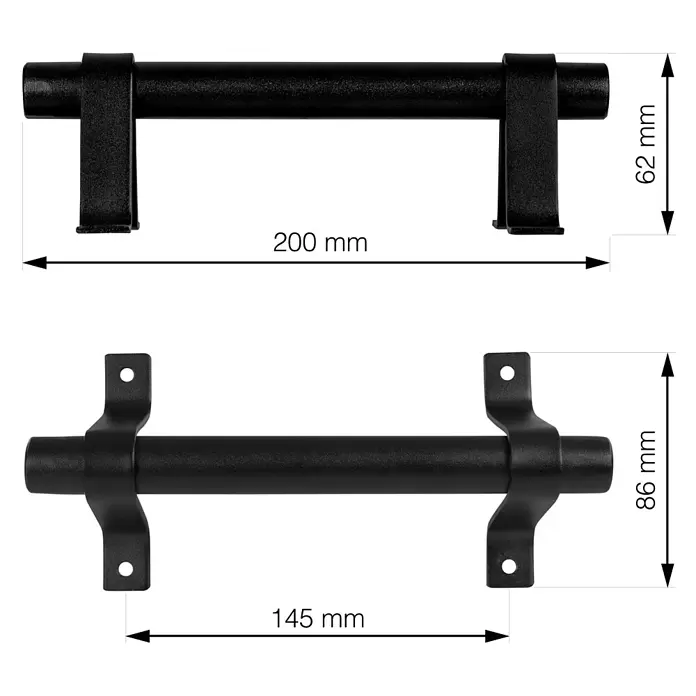 Walteco Griff Schiebetür - L x B x H: 200 x 86 x 62 mm, Typ Möbelgriff: Stange, Sonstige - Schwarze Metallstange/Griff mit zwei integrierten Halterungen, Vorder- und Draufsicht mit Maßen.