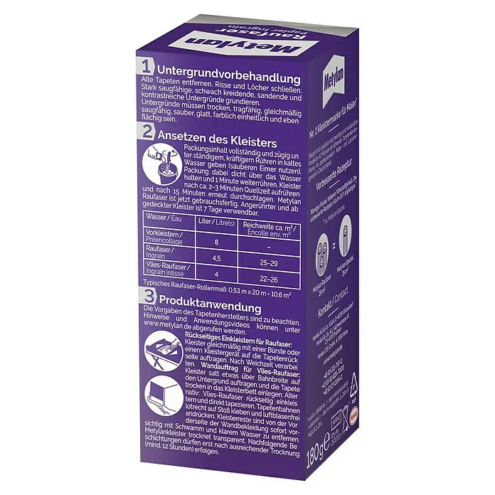 Metylan Tapetenkleister Raufaser - 180 g - Metyelan Tapetenkleister-Box. Informationen zur Untergrundvorbehandlung, Kleisterzubereitung und Anwendungshinweise.