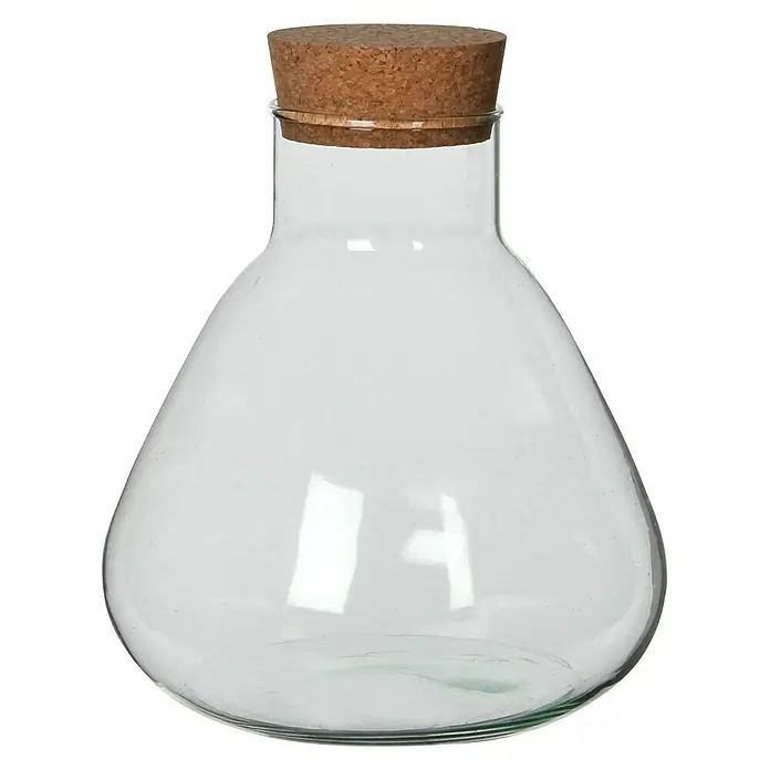 Jarrón Emily - Ø x Al: 24,5 x 22,5 cm, Vidrio, Transparente - Botella de vidrio transparente con tapa de corcho. Versátil para cocina y decoración, ideal para proyectos de bricolaje y almacenamiento.