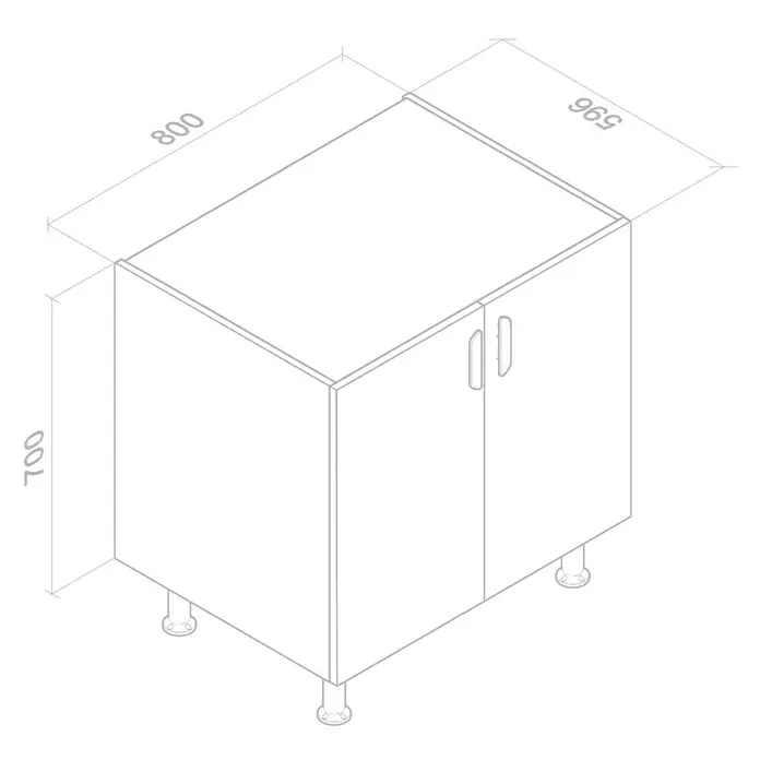 Top Element B Mueble bajo de cocina - An x Pr x Al: 80 x 58 x 70 cm, Blanco - Ilustración de un mueble bajo de cocina que mide 800 x 596 x 700 mm, perfecto para el almacenamiento y la organización en tu cocina.