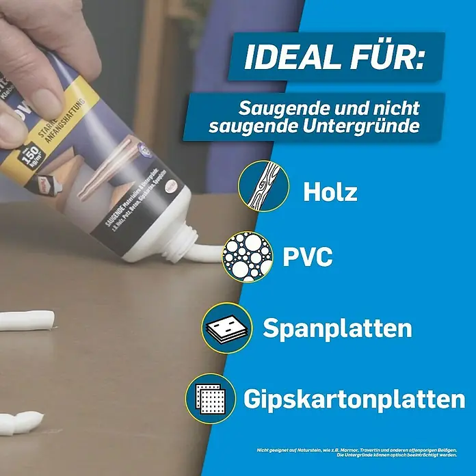 Pattex Montagekleber Power - 250 g, Tube - Produktbild: Klebstofftube mit dem Hinweis, dass er ideal für saugende und nicht saugende Untergründe wie Holz, PVC und Gipskartonplatten ist.