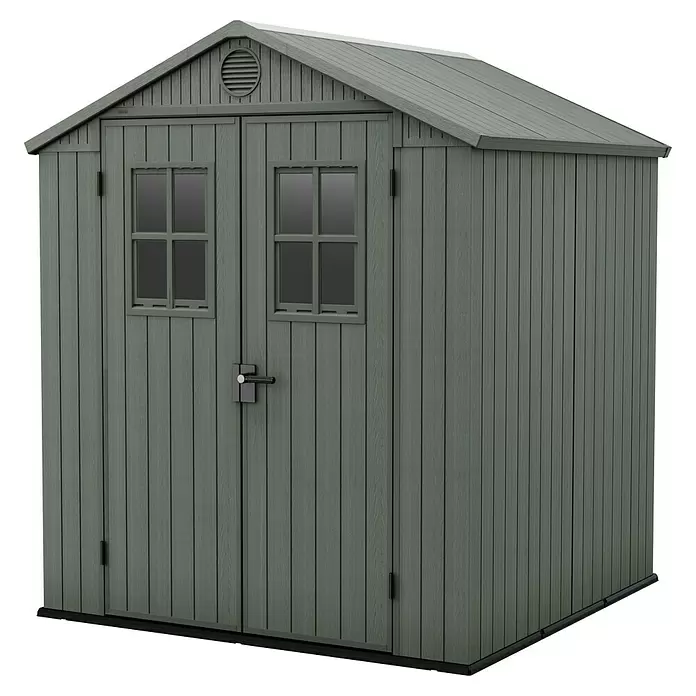 Keter Gartenhaus Darwin 6x6 - Außenmaß inkl. Dachüberstand (B x T): 190 x 183 cm, Kunststoff, Grün, 3,477 m² - Graues Gartenhaus mit Holzoptik-Verkleidung, Doppeltüren, zwei Fenstern und Satteldach.