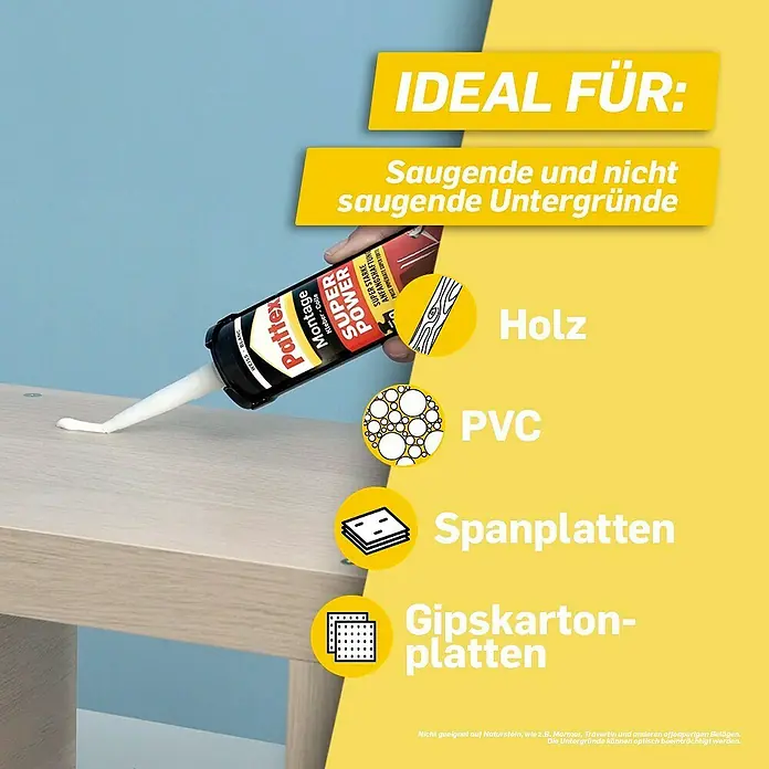 Pattex Montagekleber Super Power - 370 g, Kartusche - Anwendungsbereiche des Pattex Montage Super Power Klebers für Holz, PVC, Span- und Gipskartonplatten.