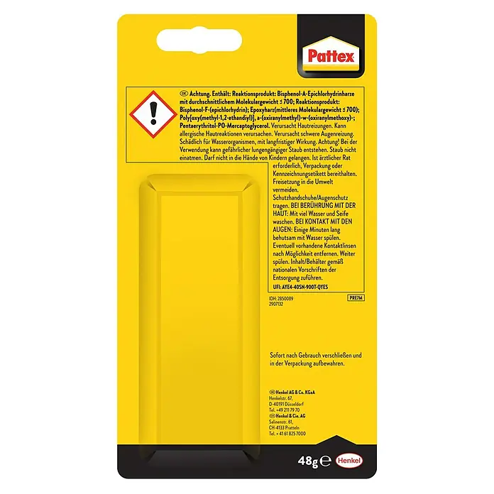 Pattex Kontaktkleber Repair Express Metall - 48 g - Etikett einer Pattex-Verpackung mit Sicherheitsinformationen und Inhaltsstoffen, einschließlich Warnhinweisen und Herstellerangaben.