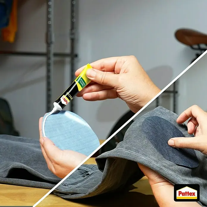 Pattex Spezialkleber Textil - 20 g - Bild zeigt die Anwendung von Pattex Textilkleber zum Anbringen eines Flicken auf einem Kleidungsstück. Ideal für schnelle Reparaturen.