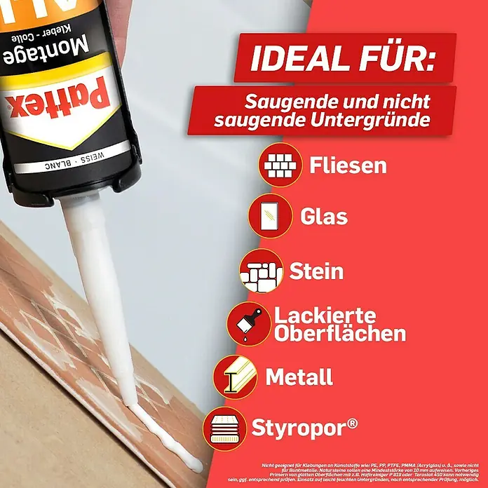 Pattex Montagekleber All Materials - 495 g - Montagekleber Pattex Montage für saugende und nichtsaugende Untergründe, geeignet für Fliesen, Glas, Stein, Metall, Styropor.