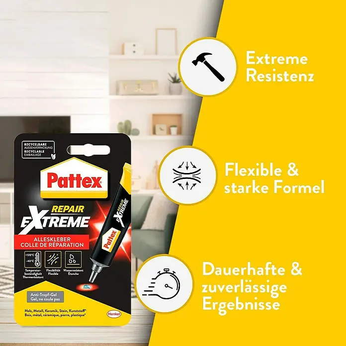 Pattex 100% Repair Spezialkleber - 8 g - Bild der Pattex Repair Extreme Tube, die für ihre extreme Widerstandsfähigkeit, Flexibilität und zuverlässigen Ergebnisse wirbt.