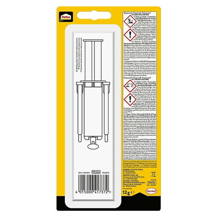 Pattex Kraft-Mix 2-Komponenten-Kleber Extrem Schnell - 1 Stk., 12 g - Pattex-Klebstoffverpackung: Detailreiche Darstellung des Produkts mit Warnhinweisen und Herstellerinformationen.