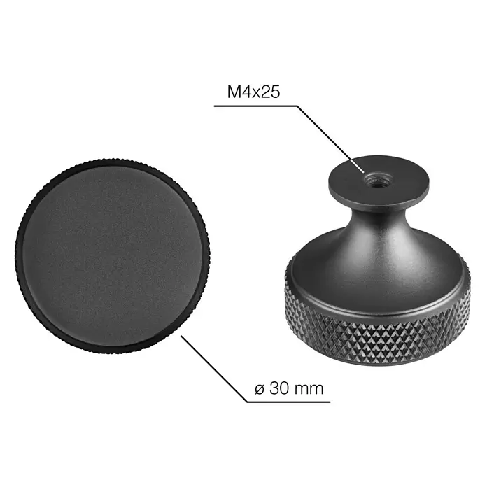 Walteco Möbelknopf Dieren - Durchmesser: 30 mm, Aluminium, Grau - Dunkelgrauer Metallknauf mit M4-Gewinde und Rändelung, Ø 30mm.