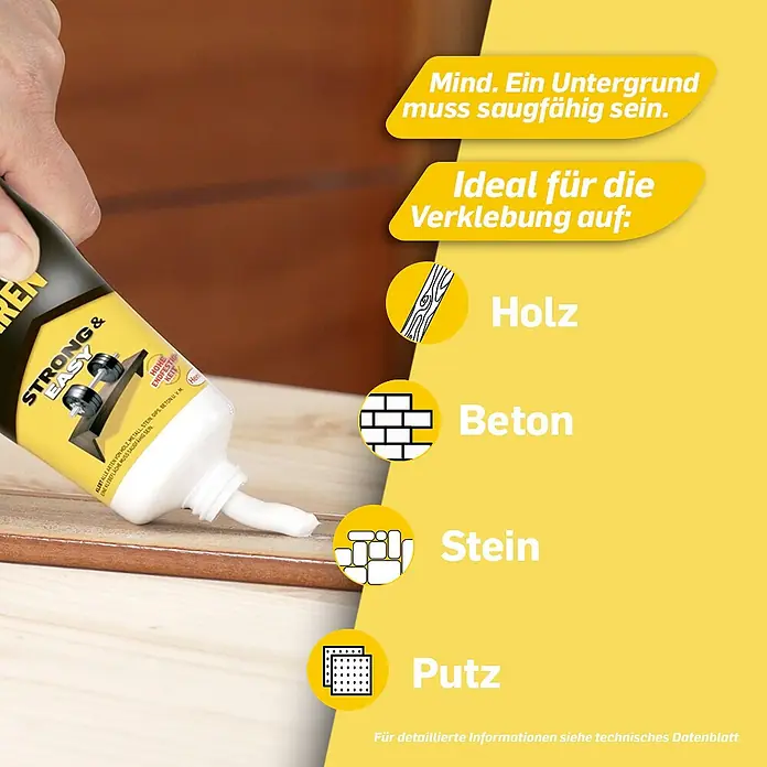 Pattex Montagekleber Kleben statt Bohren - 250 g - Anwendungsbild eines "STRONG & EASY" Klebstoffs, ideal für Holz, Beton, Stein und Putz, mit Hinweis auf saugfähigen Untergrund.