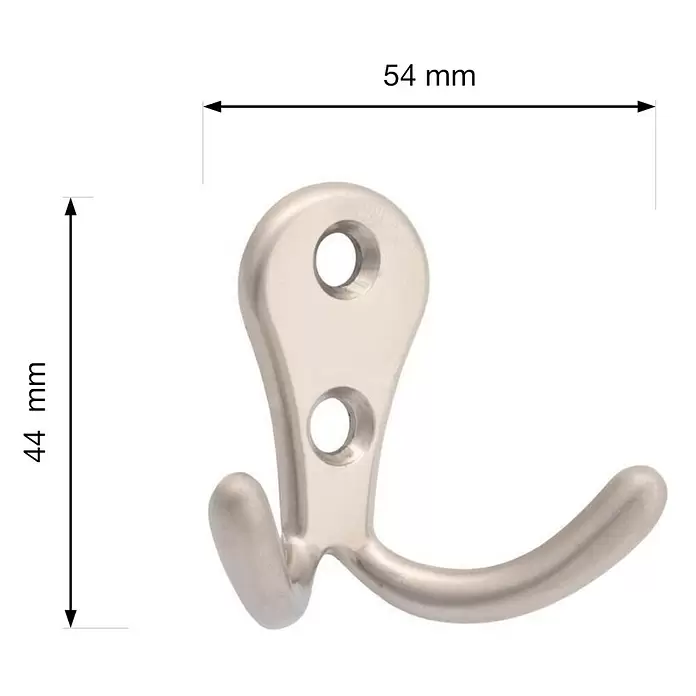 Walteco Garderobenhaken Romero II A - L x B x H: 44 x 54 x 24 mm, Anzahl Haken: 2 Stk., Vernickelt matt - Gebürsteter Metallhaken, silberfarben, mit zwei Befestigungslöchern. Maße: 54 mm breit, 44 mm hoch.