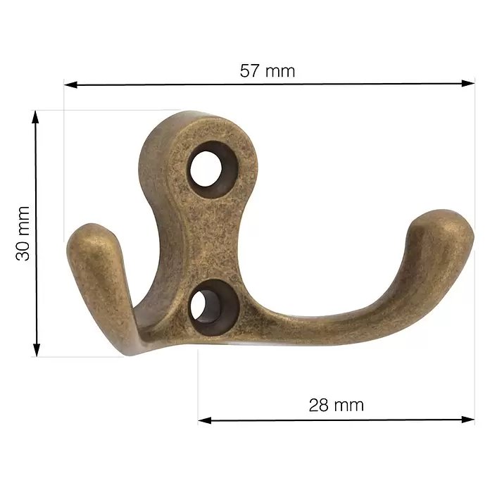 Walteco Garderobenhaken Romero II - L x B x H: 30 x 57 x 28 mm, Anzahl Haken: 2 Stk., Brüniert - Doppel-Kleiderhaken aus antikem Messing, 57mm breit, 30mm hoch, 28mm tief.