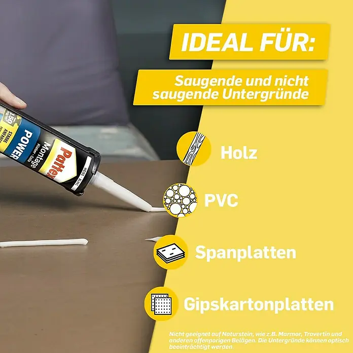 Pattex Montagekleber Power - 370 g, Kartusche - Produktbild von Pattex Montage Power Kleber-Colle, ideal für saugende und nicht-saugende Untergründe wie Holz, PVC, Spanplatten und Gipskartonplatten.