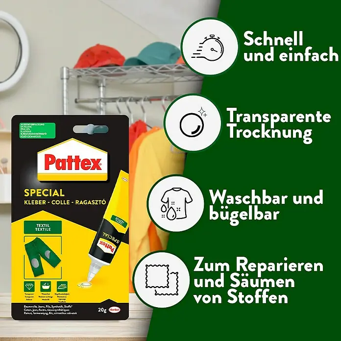 Pattex Spezialkleber Textil - 20 g - Pattex Spezial Textilkleber: Schnell, transparent, waschbar und ideal zum Reparieren und Säumen von Stoffen.