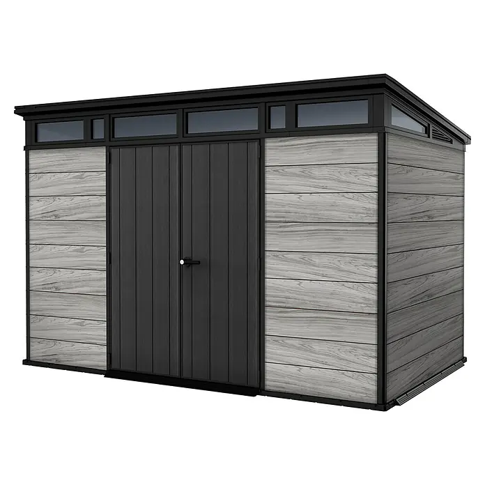 Keter Gerätehaus Signature Storm Grey 11x7 - Außenmaß inkl. Dachüberstand (B x T): 342 x 218 cm, Kunststoff, Stormgrey - Eine moderne graue Gerätehaus-Lösung mit Holzeffekt-Paneelen, schwarzen Akzenten, Doppeltüren und Oberlichtern für Gartenbedarf.