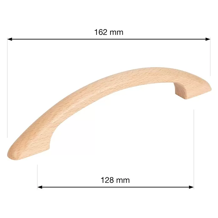 Walteco Möbelgriff Inka - Lochabstand: 128 mm, Holz, Holz-Optik - Geschwungener heller Holzgriff für Möbel, 162 mm Gesamtlänge, 128 mm Lochabstand.