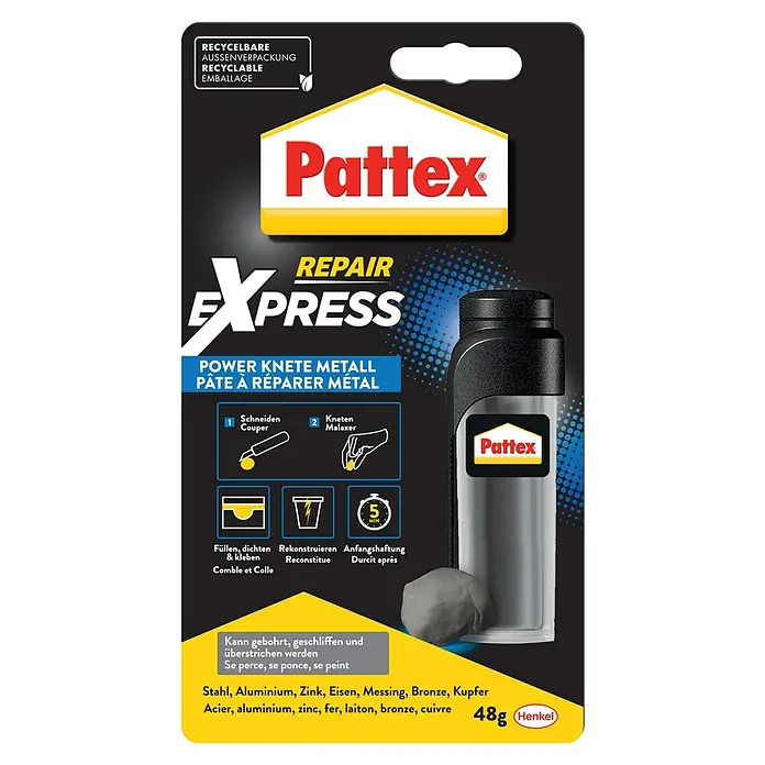 Pattex Kontaktkleber Repair Express Metall - 48 g - Pattex Express Repair Power Knete Metall: Eine vielseitige, schnell härtende Knetmasse zur Reparatur von Metallen und anderen Materialien.