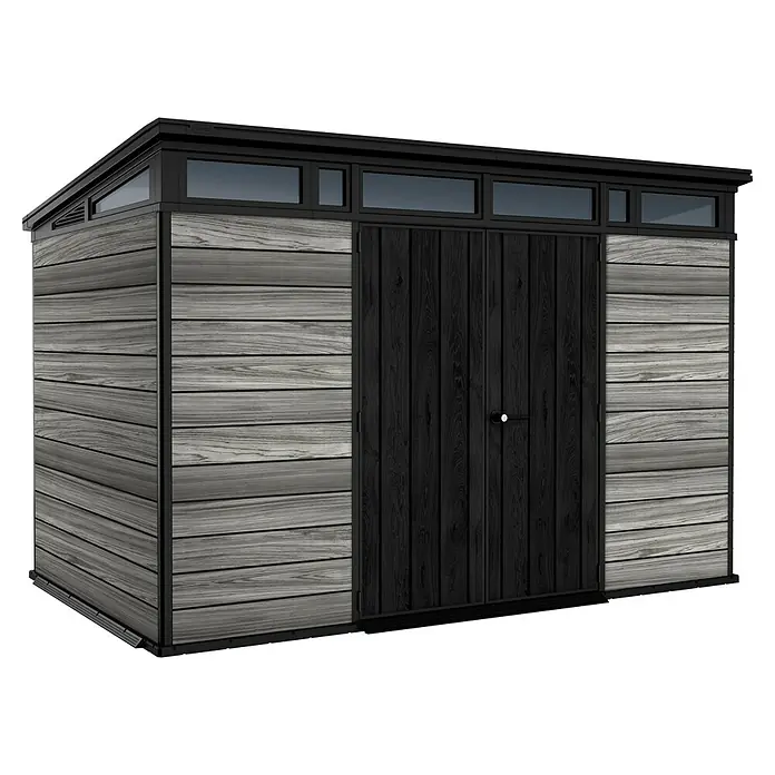 Keter Gerätehaus Signature Storm Grey 11x7 - Außenmaß inkl. Dachüberstand (B x T): 342 x 218 cm, Kunststoff, Stormgrey - Geräumiges Gerätehaus in Grau- und Schwarztönen mit Doppeltür und Fenstern im oberen Bereich. Perfekt für die Gartenaufbewahrung.