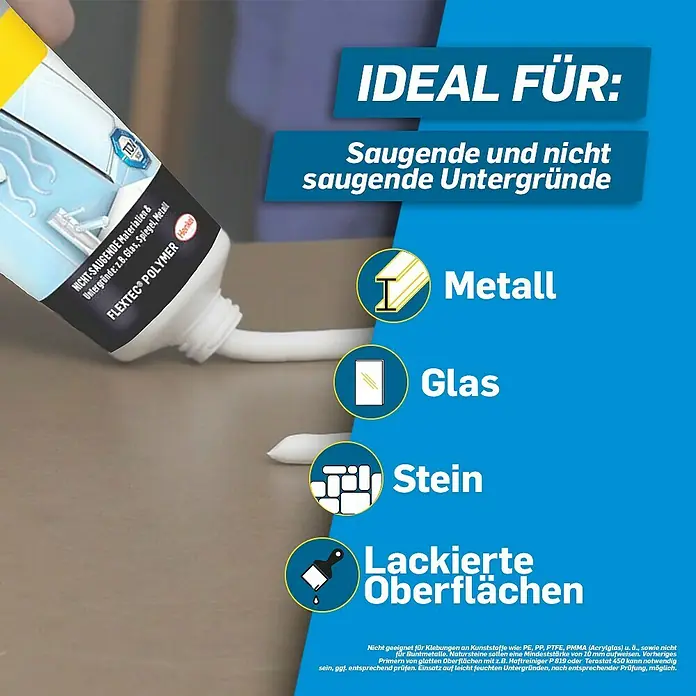 Pattex Montagekleber Special - 80 g - Das Bild zeigt eine Kartusche FLEXTEC® POLYMER Klebstoff, ideal für saugende und nicht saugende Untergründe wie Metall, Glas, Stein und lackierte Oberflächen.