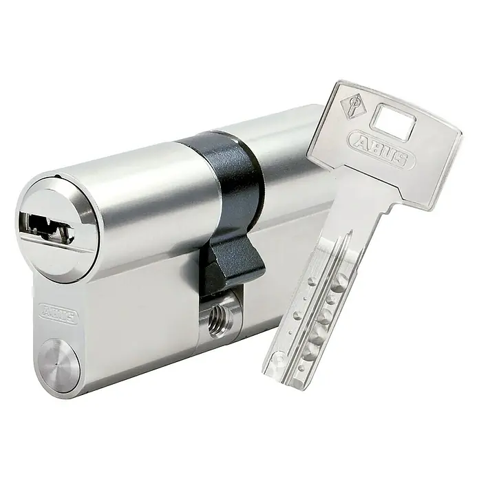 Abus Cilindro de perfil Vela - Número de llaves: 1 ud., Longitud total interior/exterior: 35/35 mm, Níquel - Cilindro de bloqueo ABUS con llave. El cilindro es plateado con una sección central negra; la llave es metálica con el logotipo de ABUS.
