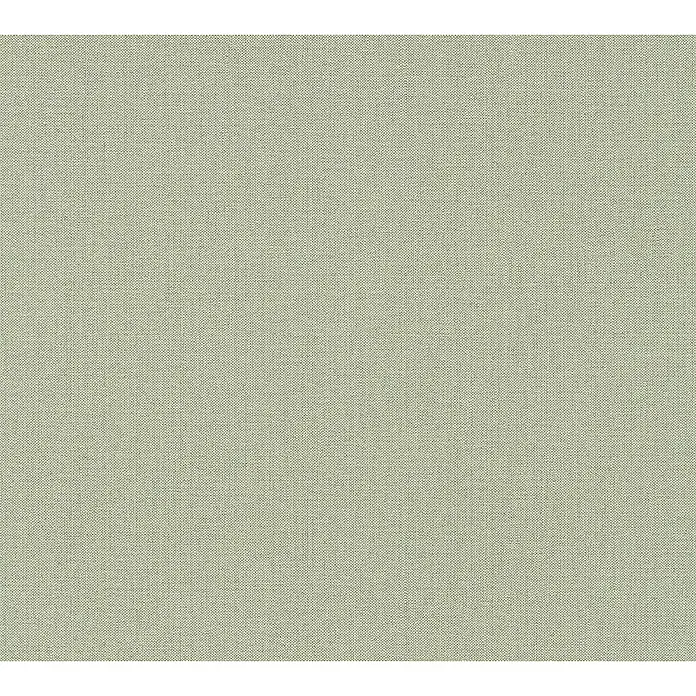A.S. Création Hygge Vliestapete - Grün, Uni, 10,05 x 0,53 m - Nahaufnahme eines hellgrünen, strukturierten Stoffes, der eine feine, gleichmäßige Webart aufweist. Ideal für Polsterarbeiten und Dekorationen.