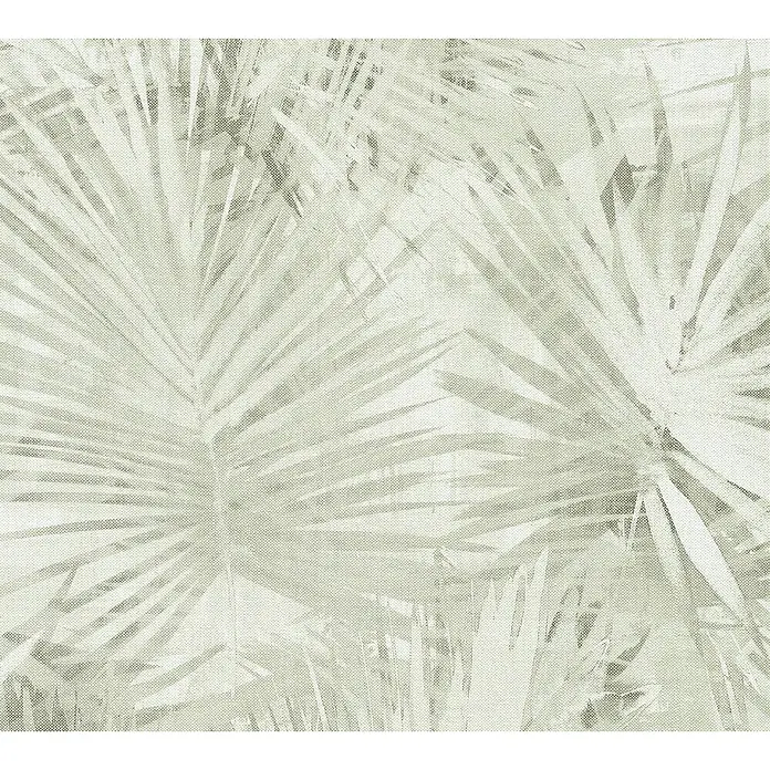 A.S. Création Hygge Vliestapete - Hellgrün, Floral, 10,05 x 0,53 m - Nahaufnahme eines beigen Tapetenmusters mit stilisiertem Palmenblattmuster, das eine subtile und natürliche Textur für Innenräume bietet.