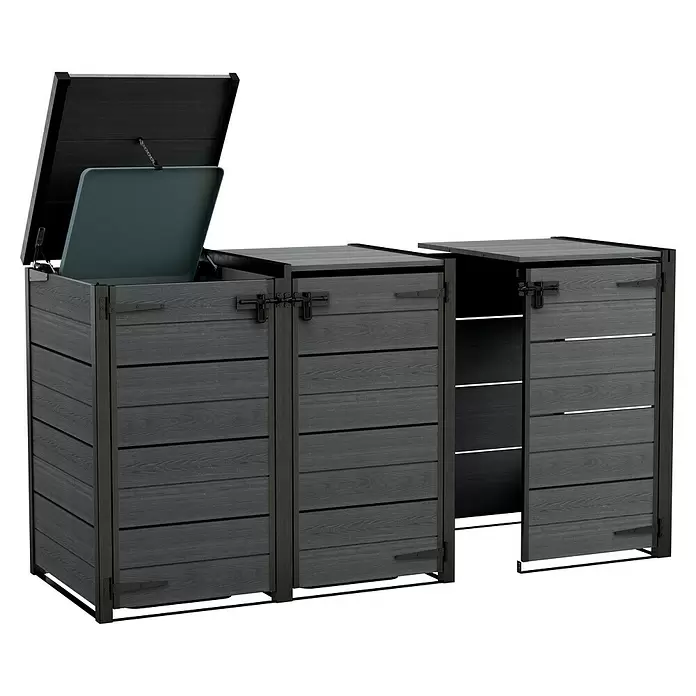 Keter Erweiterung für Mülltonnenbox Hide Away Extension - Passend für: Keter Mülltonnenbox Hide Away, Grau - Dunkelgraue Outdoor-Aufbewahrungsboxen in Holzoptik mit schwarzen Metallrahmen. Eine Box ist offen und zeigt ein blaues Inneres, die andere ist geschlossen.