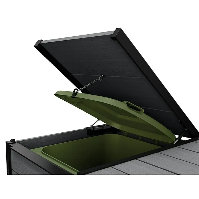 Keter Mülltonnenbox Hide Away + Erweiterung - 224,1 x 110 cm, Verbundwerkstoff, Grau, Geeignet für Anzahl Mülltonnen: 3 Stk. - Stilvolle Mülltonnenbox mit hochklappbarem Deckel und grünen Mülltonnen für den Außenbereich. Praktische und ästhetische Lösung.