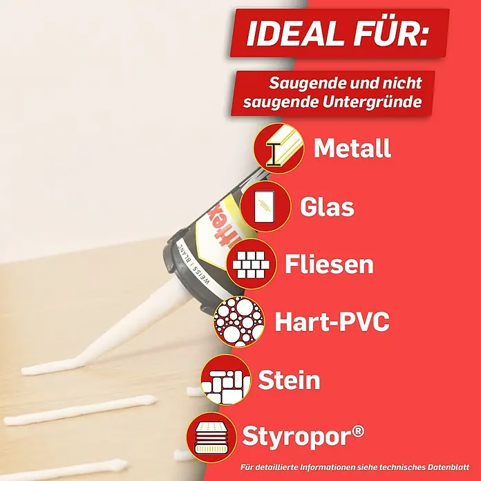 Pattex Montagekleber Kleben statt Bohren High Tack - 440 g, Lösemittelfrei - Produktbild einer Kartusche mit Dichtstoff und Anwendungsbereichen wie Metall, Glas, Fliesen, Hart-PVC, Stein und Styropor.